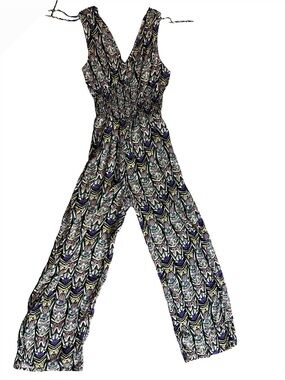 Sleeveless V-Neck Printed Wide-Leg Jumpsuit - Black & Purple Multi